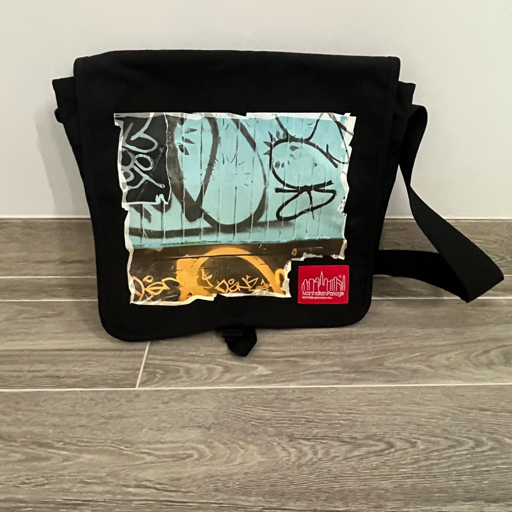 Modern Manhattan Portage Black and Blue Messenger Bag with Artistic Design